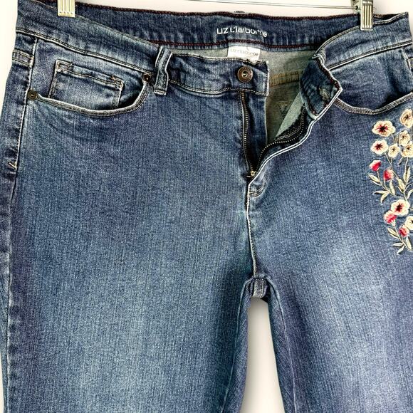 Liz Claiborne Classic Denim Blue Jeans Stretchy Women Size 16 Floral Embroidery - Picture 5 of 11